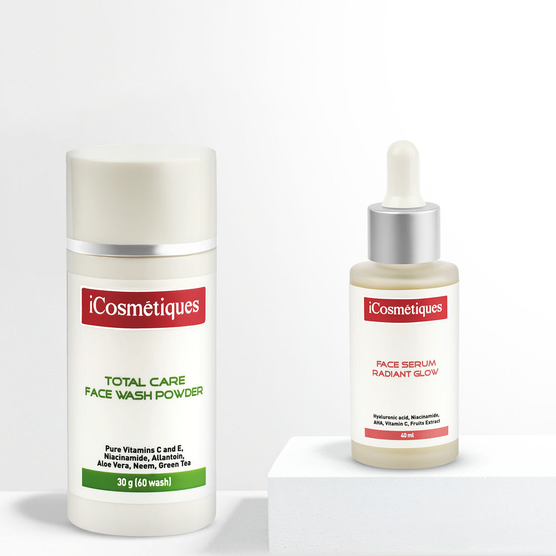 iCosmetiques Radiant Glow skincare product – serum and powder