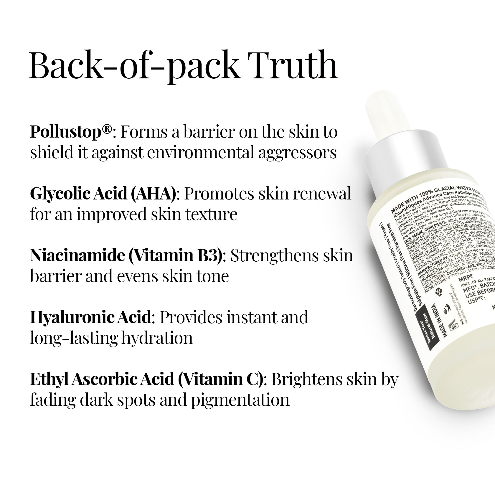 Pollution Defense Serum product benefits and facts on packaging