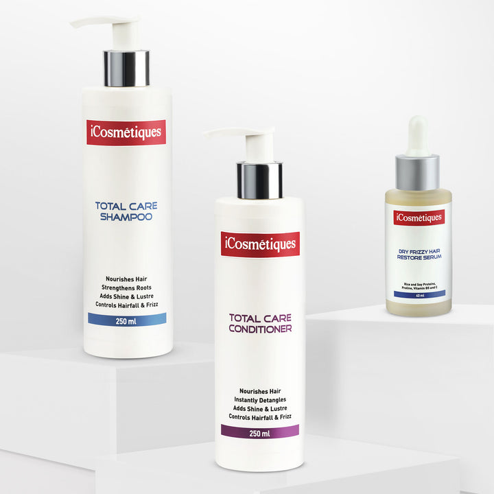 iCosmetiques dry frizzy hair shampoo conditioner serum